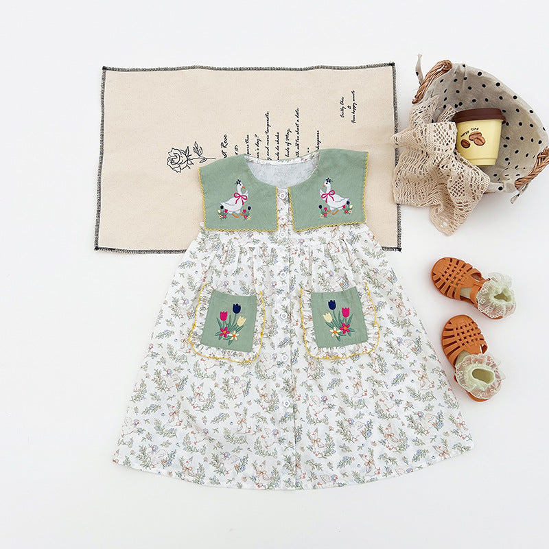 Summer Baby Kids Girls Sleeveless Flowers and Animals Pattern Embroidered Dress