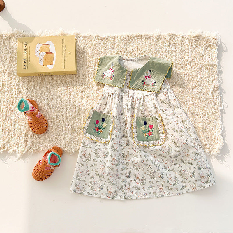Summer Baby Kids Girls Sleeveless Flowers and Animals Pattern Embroidered Dress