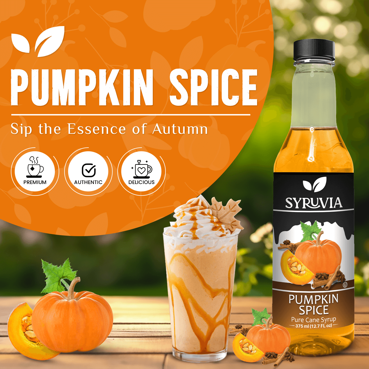 Pumpkin Spice Syrup bottle with autumn leaves background