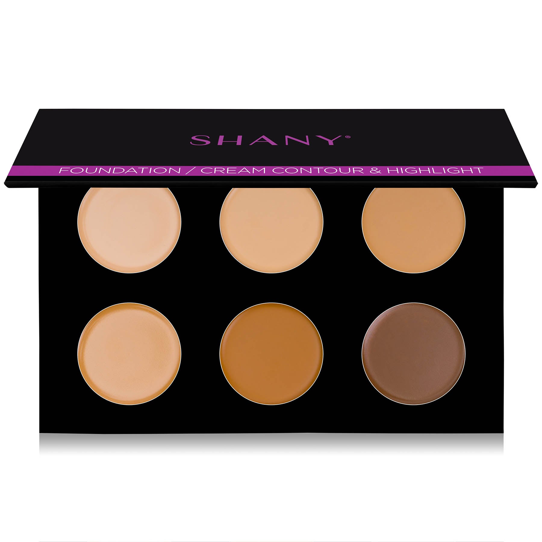 Close-up of creamy foundation pans in SHANY Mini Masterpiece Makeup Set