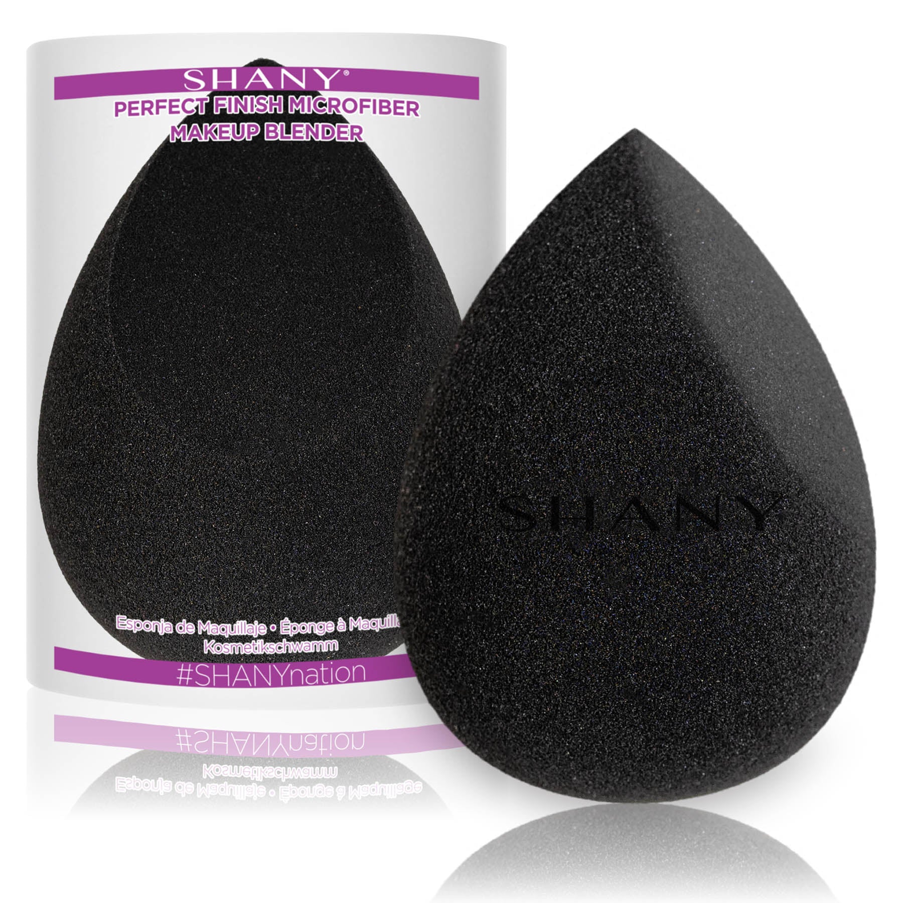 Flawless Microfiber Makeup Blender Sponge by SHANY next to brushes