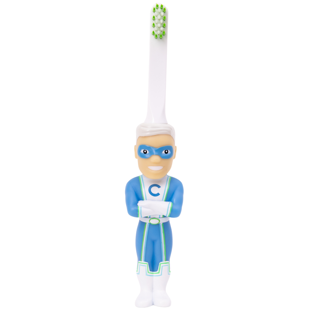 Back design of Captain Cavity Kids Superhero Toothbrush for children
