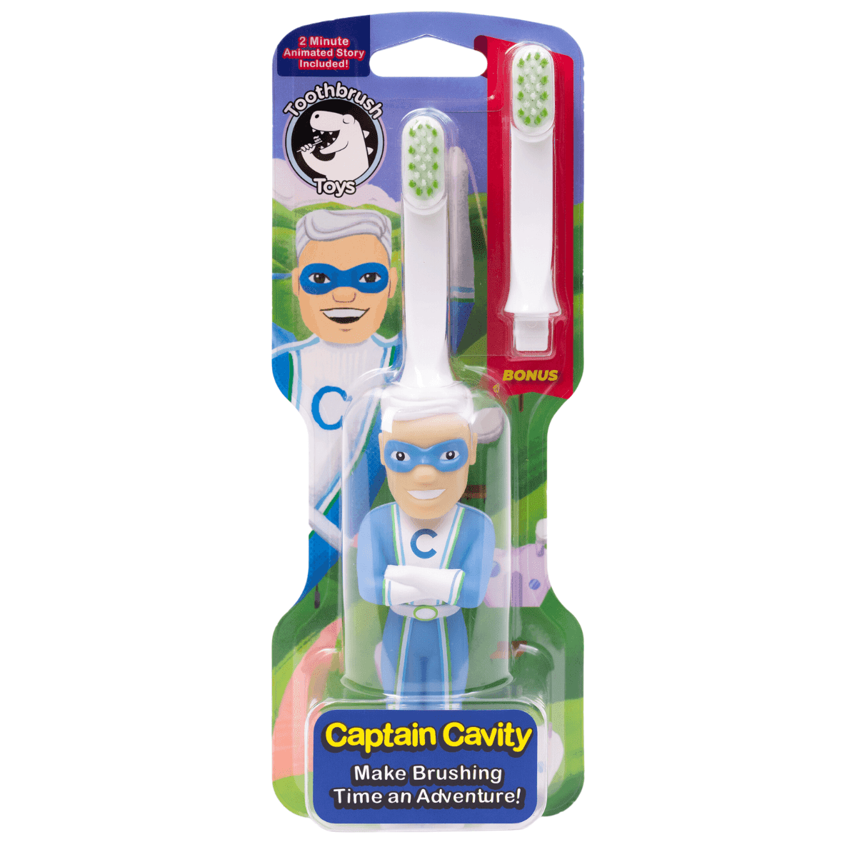 Front view of Captain Cavity Kids Superhero Toothbrush by My Store