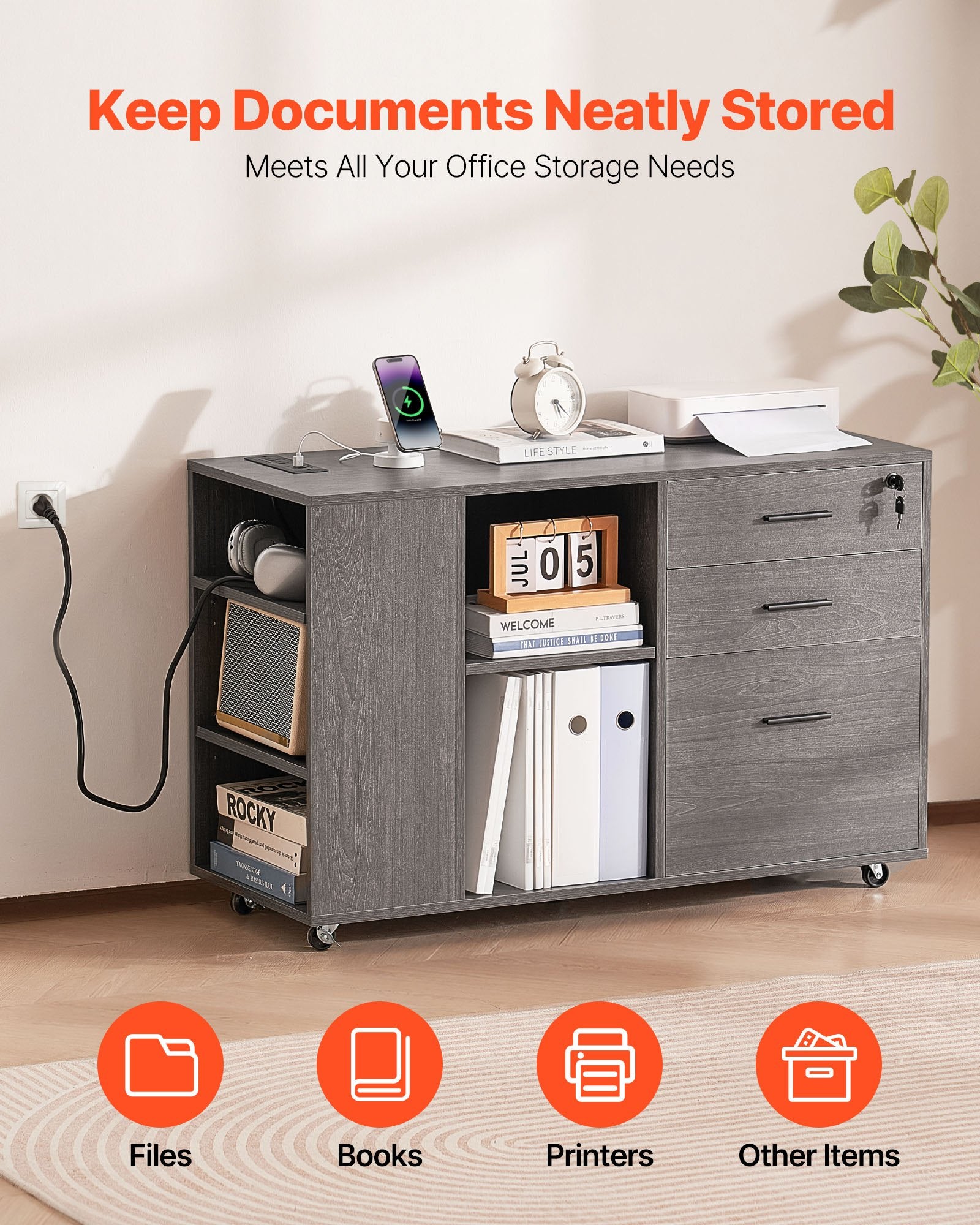 Side view showing wheels of VEVOR Mobile 3 Drawer File Cabinet