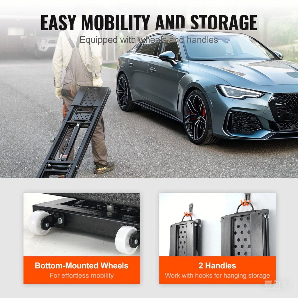 VEVOR Car Lift in action, lifting a vehicle in a home garage setting