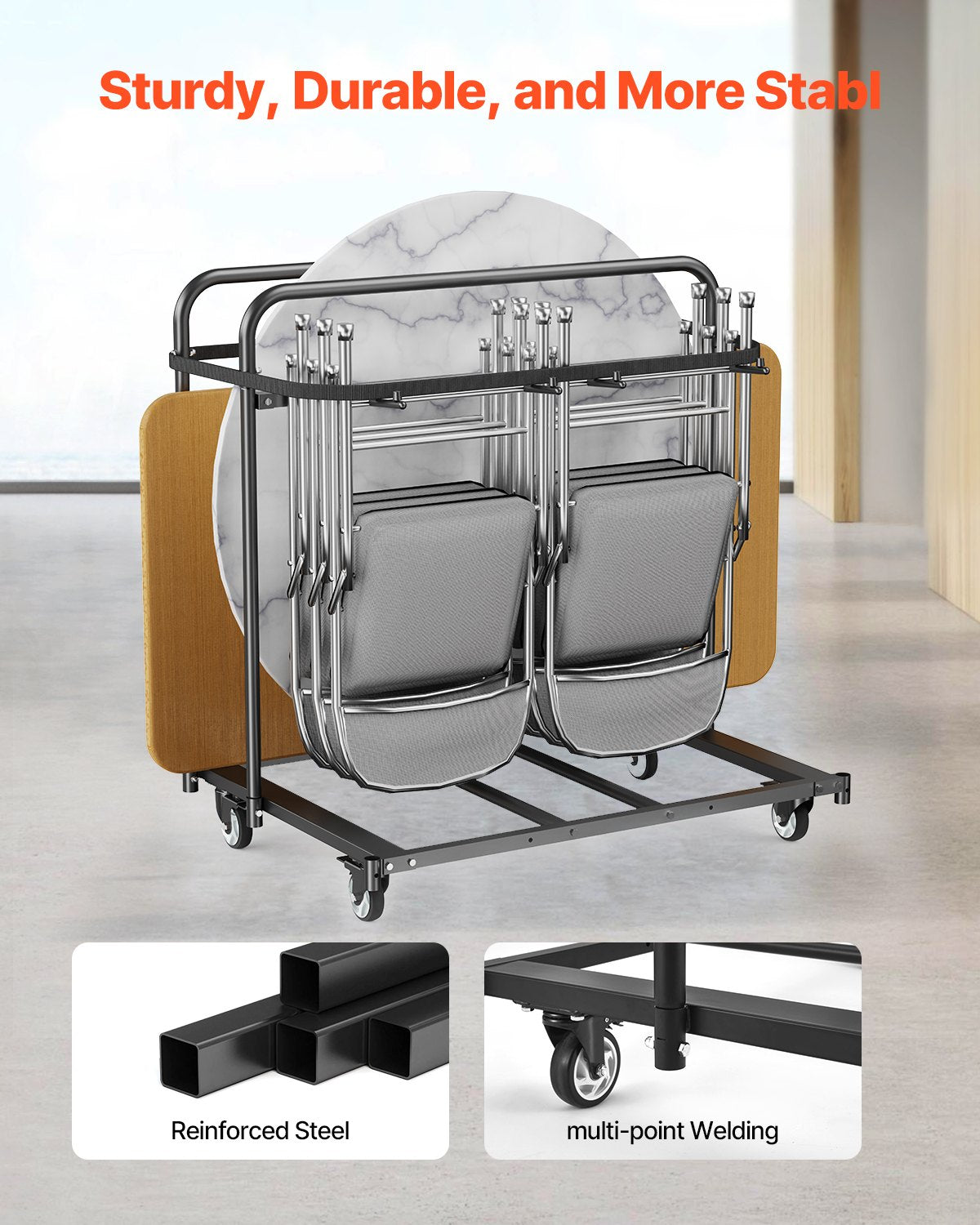 Front view of VEVOR Heavy-Duty Folding Chair Rack in matte black