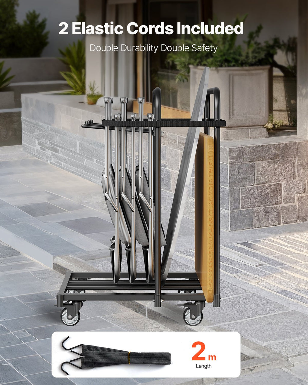 Side angle of VEVOR Folding Chair Rack showcasing swivel casters