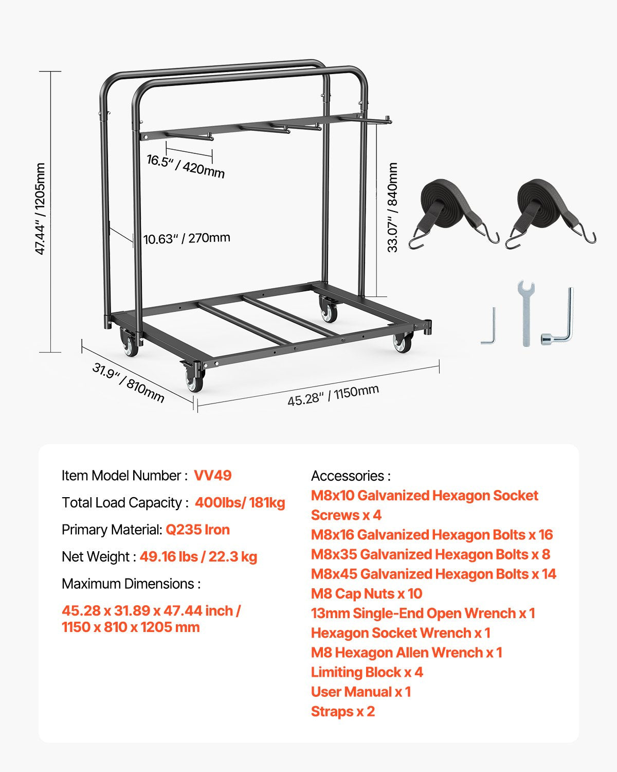 VEVOR Folding Chair Rack loaded with 5 tables and 14 chairs