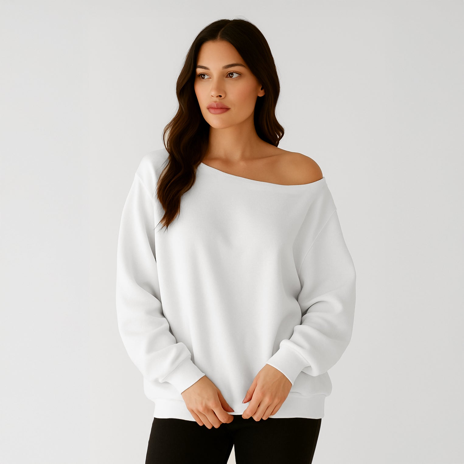 Front view of Women's Off-Shoulder Fleece Pullover in stylish color by Gobingya
